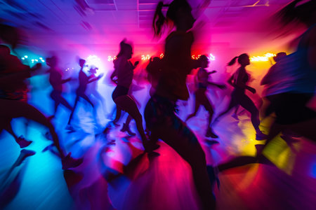 A lively group of people energetically dancing and moving to the music on a crowded dance floor, An energetic moment from an aerobics class in full swing, AI Generatedの素材