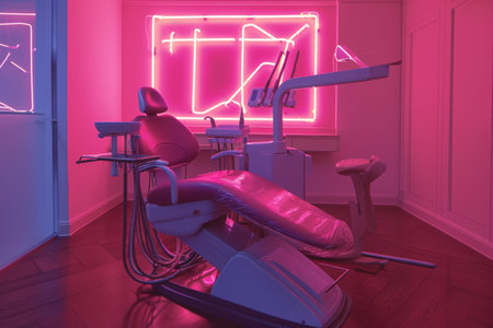 A dentist chair illuminated by neon lights in a clinical room, creating a modern and vibrant atmosphere, A neon depiction of a dental chair, AI Generatedの素材
