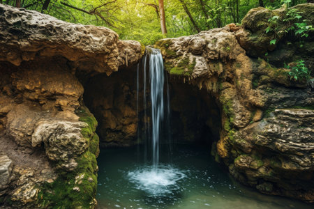 A small waterfall cascading through lush greenery in the heart of a dense forest, An enchanting waterfall flowing into a heart-shaped pond in a secluded forest, AI Generatedの素材
