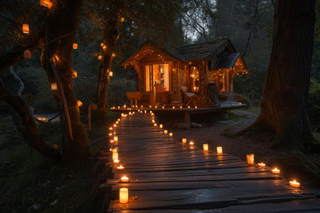 A cozy small cabin nestled in the woods, softly illuminated by candles creating a warm and inviting atmosphere, An enchanting candlelit path leading to a cozy, heart-shaped cabin, AI Generatedの素材