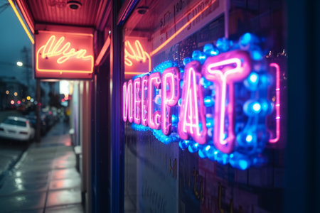 A brightly lit neon sign on the exterior wall of a building, A neon lit sign of a pharmacy reflecting in an opioid pill, AI Generatedの素材