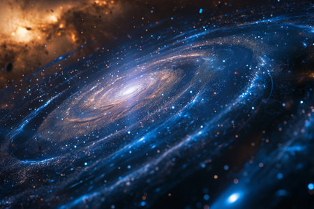 This photo captures a spiral galaxy in the foreground, with stars shining brightly in the background, An entire galaxy mapped out in binary, AI Generatedの素材