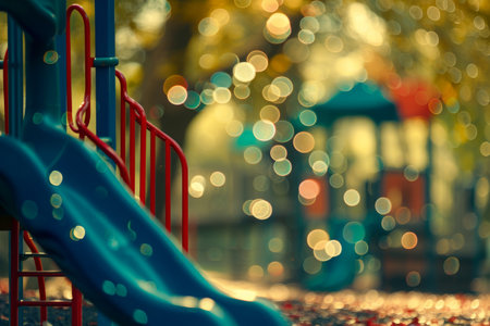 Children playing on a playground with a blue slide and a red and blue slide, enjoying their time outdoors, An ethereal playground in a soft-lighted bokeh background, AI Generatedの素材