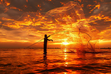 A man stands in the water, holding a fishing net and preparing to catch fish, Angler casting his net against a fiery sunset backdrop, AI Generatedの素材