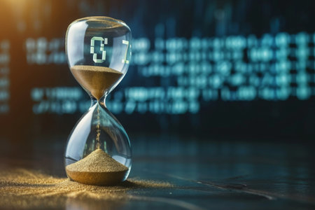 Hourglass With Sand Flowing Through, An hourglass with binary numbers flowing instead of sand, AI Generatedの素材