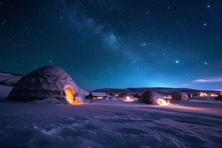 Igloos Under a Night Sky With Stars, An igloo village under the starry Arctic sky, AI Generatedの素材