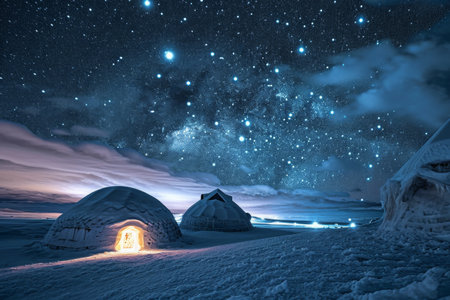 A photo showcasing a clear night sky with numerous stars shining brightly amidst scattered clouds, An igloo village under the starry Arctic sky, AI Generatedの素材