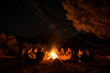 Group of People Sitting Around a Campfire at Night, A night under the stars, with young campers seated around a bonfire, sharing stories, AI Generatedの素材