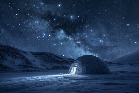 A photo showcasing an igloo surrounded by a night sky filled with stars, An igloo village under the starry Arctic sky, AI Generatedの素材