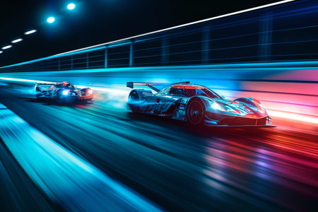 Three high-speed racing cars zoom through a tunnel at night, showcasing their agility and power, A night scene of sport car racing under stadium lights, AI Generatedの素材