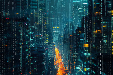 A Vibrant Urban Landscape With Numerous Tall Buildings, An image of a binary code filled city during the night, AI Generatedの素材