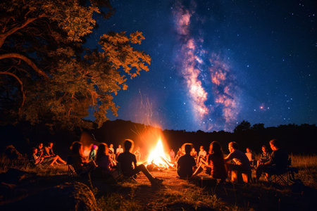 A group of people gathered together, sitting around a campfire in the darkness of the night, A night under the stars, with young campers seated around a bonfire, sharing stories, AI Generatedの素材
