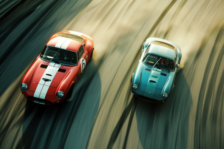 Two cars are seen driving parallel to each other on a dirt road, kicking up dust as they move forward, An intense duel between two sports cars racing down the long straight, AI Generatedの素材