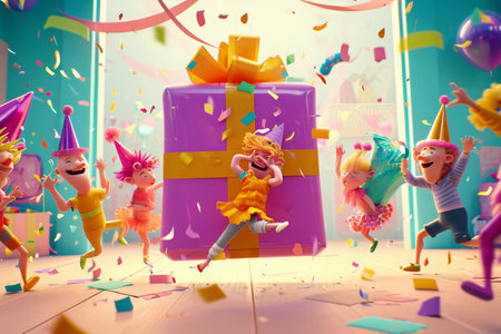 Various cartoon characters gather together, standing in front of a gift, showcasing their unique personalities, Animated characters dancing joyfully around a massive birthday gift, AI Generatedの素材