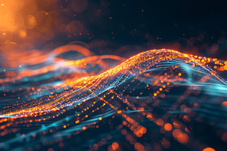 A dynamic image featuring a vivid blue and yellow abstract background illuminated by vibrant lights, An image symbolizing network traffic flowing in abstract form, AI Generatedの素材