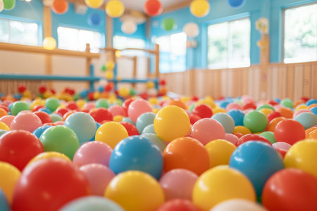 A room filled with an abundance of colorful balls, creating a vibrant and lively atmosphere, An indoor playground filled with soft play balls, AI Generatedの素材