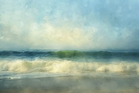 This photo captures a vivid painting of a powerful wave crashing onto the shore, depicting the force and energy of the ocean, An impressionist view of a calming ocean wave, AI Generatedの素材