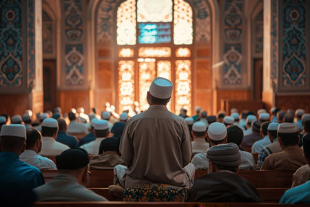 A gathering of men seated in front of a large crowd of people, engaged in a discussion or presentation, An imam giving a Friday sermon, AI Generatedの素材