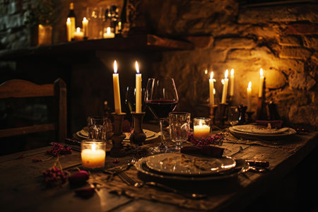 A table adorned with candles and plates, creating a warm and inviting atmosphere, An intimate candlelit dinner for two in a rustic setting, AI Generatedの素材