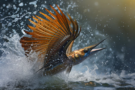 A bird gracefully spreads its wings while standing in the water, An intricate depiction of a sailfish's impressive speed and agility, AI Generatedの素材