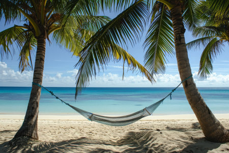 A hammock suspended between two tall palm trees on a sandy beach, offering a relaxing spot for leisure and enjoyment, An inviting hammock for two between palm trees on a secluded beach, AI Generatedの素材