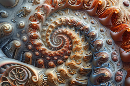 A detailed capture of a spiral pattern adorning a wall, showcasing intricate design and precision, An intricate, spiraling design mimicking the shapes and colors of various seashells, AI Generatedの素材