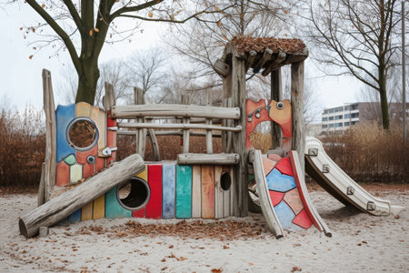 Wooden Play Structure With Slide and Climbing Frame, An old-fashioned, wooden playground from the 1960s, AI Generatedの素材