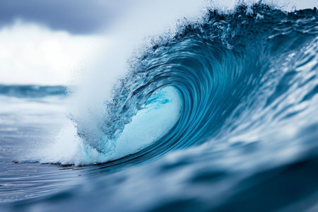 A massive blue wave crashes forcefully as it breaks into the vast ocean, An ocean wave captured at the precise moment it curls into a barrel, AI Generatedの素材