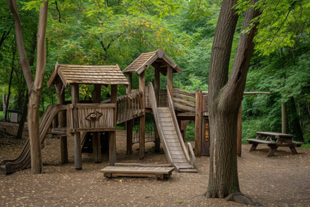 A wooden play set stands among the trees in a natural wooded area, An old-fashioned, wooden playground from the 1960s, AI Generatedの素材