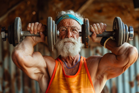 Man With Turban and Beard Holding Two Dumbbells, An old man practicing fitness routines, showing age is not a barrier to fitness, AI Generatedの素材