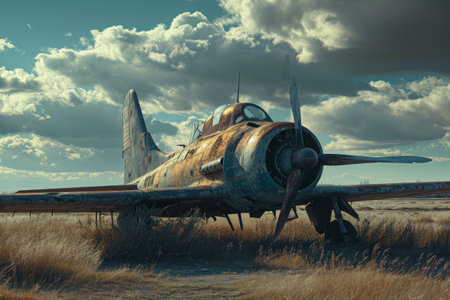 An old plane, no longer in use, sits quietly in a field, showcasing its vintage design and evoking a sense of nostalgia, An old rusty fighter aircraft forgotten in a deserted airfield, AI Generatedの素材