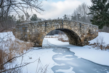 A stone bridge gracefully spanning a small stream amidst a wintry landscape covered in snow, An old stone bridge over a frozen river, AI Generatedの素材