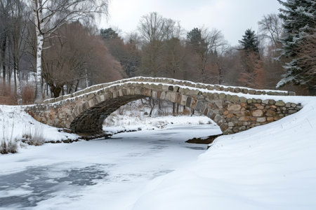 A stone bridge stretches over a frozen river, as trees line the banks, creating a wintry scene, An old stone bridge over a frozen river, AI Generatedの素材
