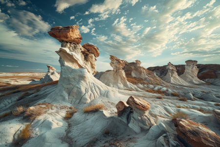 A scenic landscape featuring a variety of white and brown rocks set against a clear blue sky, An otherworldly landscape of strange, twisted rock formations, AI Generatedの素材