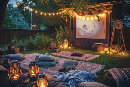 Illuminated Backyard With Cozy Blankets, An outdoor movie setup complete with cozy blankets and twinkling lights, AI Generatedの素材