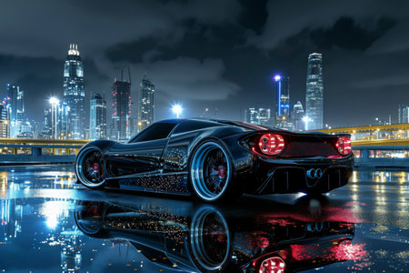 Black Sports Car Parked in Front of Night City, An opulent sports car with the night skyline reflected in its body, AI Generatedの素材