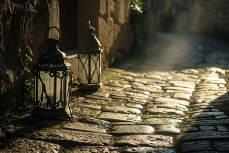 A photo of a stone street illuminated by two lanterns, Antique lanterns casting shadows on an old cobblestone walkway, AI Generatedの素材