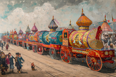 A Painting of a Train With People Gathering Around, Antique Hallow's carnival procession with garishly painted wagons, AI Generatedの素材