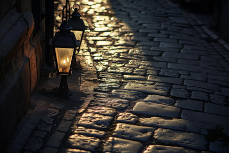 A photo of a single street light illuminating a cobblestone street at night, Antique lanterns casting shadows on an old cobblestone walkway, AI Generatedの素材