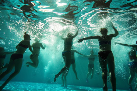 Several individuals engaging in swimming activities beneath the surface of a swimming pool, An underwater scene of people doing water aerobics, AI Generatedの素材