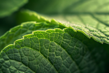 Close-up of a Green Leaf, An up close, macro view of a mint leaf revealing intricate texture and patterns, AI Generatedの素材