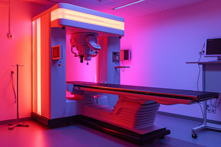 A hospital room featuring a bright neon light, providing illumination and creating a clinical atmosphere, An x-ray machine with neon lighting, AI Generatedの素材