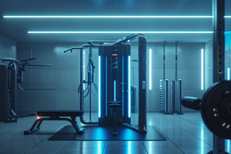 A gym with a row of exercise machines, ready for use by fitness enthusiasts, A one-machine futuristic AI powered gym, AI Generatedの素材
