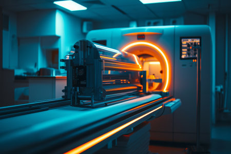 A machine is seen in a room, actively cutting an object, An x-ray machine with neon lighting, AI Generatedの素材