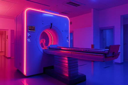 A room featuring a prominent machine in the center, surrounded by various equipment and tools, An x-ray machine with neon lighting, AI Generatedの素材