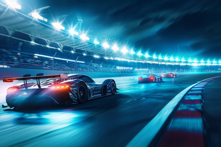 A high-speed car races down a brightly lit race track under the cover of darkness, A night scene of sport car racing under stadium lights, AI Generatedの素材