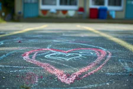 A chalk drawing of a heart shape created on the surface of a parking lot, A nostalgic drawn chalk heart on a school pavement, AI Generatedの素材