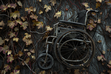 A wheelchair hangs from the side of a tree, creating an unexpected sight, An abstract wheelchair tangled in vines, AI Generatedの素材