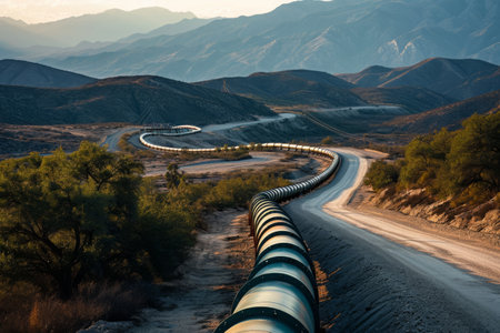 A train, fully loaded with cargo, makes its way down a winding road surrounded by mountains, An industrial pipeline along a winding mountain road, AI Generatedの素材