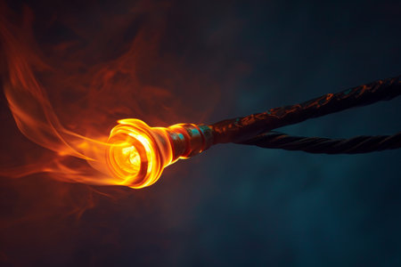 A close-up view of a rope engulfed in flames, highlighting the intensity of the fire, An endoscope enveloped in a fiery glow, AI Generatedの素材